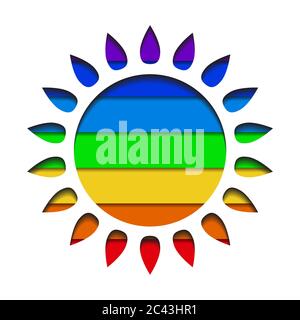 Paper cut silhouettes of the sun with layered rainbow background. Pride month. Shining love to all. Vector cutting object for icons, logos, infographi Stock Vector