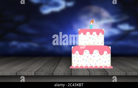 birthday cake is placed on the table at night Stock Vector