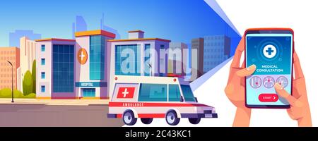 Online medical consultation app. Hands hold smartphone with application interface on urban background with ambulance riding on city street. Medicine, hospital call service, Cartoon vector illustration Stock Vector