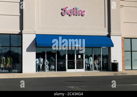 A logo sign outside of a Justice retail store location in Gambrills, Maryland on June 8, 2020. Stock Photo