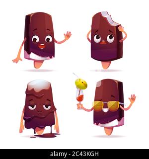 Popsicle ice cream character, funny eskimo pie with kawaii face expressing emotions, say hello, melting on heat, touching head with bitten off piece, wear sunglasses and drinking cocktail cartoon vector set Stock Vector