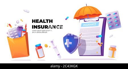 Health insurance banner. Vector poster with cartoon illustration of clipboard with claim form, shield with cross, umbrella and pharmacy drugs. Healthcare concept with medical insurance Stock Vector
