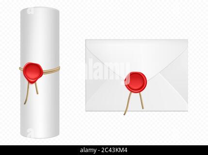 White envelope and scroll with red wax and rope template. Isolated blank closed paper cover and convolute roll, letter package mock up, business document or antique message, Realistic 3d vector mockup Stock Vector