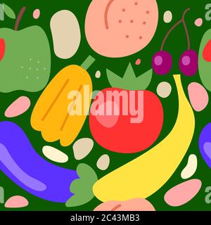 Fruit and vegetables seamless pattern, fruit doodles background, freehand style Stock Vector