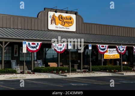 A logo sign outside of a Cracker Barrel Old Country Store restaurant location in Hagerstown, Maryland on June 10, 2020. Stock Photo