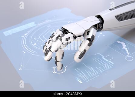 Robot's hand working with futuristic touchscreen. 3D illustration Stock Photo