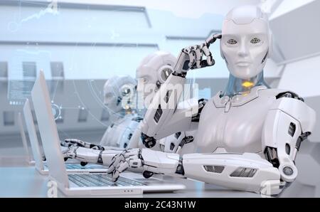 Robot working in the office encourages you to think. 3D illustration Stock Photo