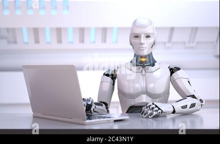Humanoid robot sitting behind table. Head hunter. Office manager. 3D illustration Stock Photo