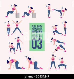 Woman full body workout fitness, aerobic and exercises set. Vector  Illustration. Lunges and squats, plank and abc. Full body workout Stock  Vector Image & Art - Alamy