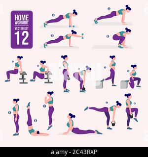 Home Workout girl set. Woman doing fitness and yoga exercises. Lunges and  squats, plank and abc. Full body workout Stock Vector Image & Art - Alamy