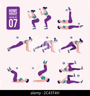 Workout girl set. Woman doing fitness and yoga exercises. Lunges