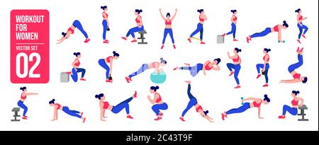 Workout girl set. Woman doing fitness and yoga exercises. Lunges and squats, plank and abc. Full body workout. Stock Vector