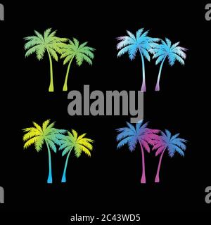 Big set neon rainbow gradient silhouette palm tree Stock Vector