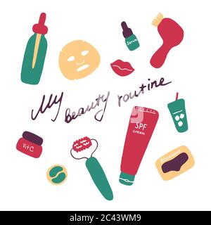 My beauty routine. Cosmetic products and accessories. Beauty icons for  digital and print. Hand drawn flat vector graphic Stock Vector Image & Art  - Alamy
