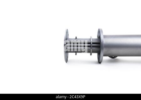 Shell and tube heat exchanger disassembled isolated on white background with copyspace. Selective focus. Stock Photo