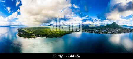 Mauritius, Black River, Flic-en-Flac, Helicopter panorama of oceanside village in summer Stock Photo