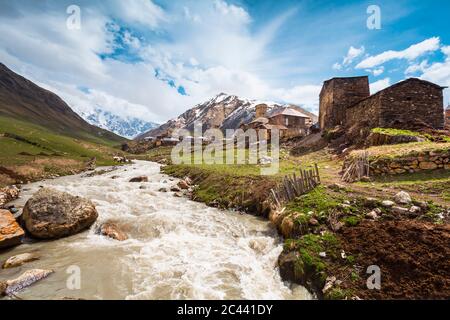 Georgia, Svaneti, Ushguli, Medieval village on bank of Enguri River Stock Photo