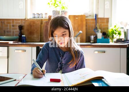 Girl doing homework in kitchen at home Stock Photo
