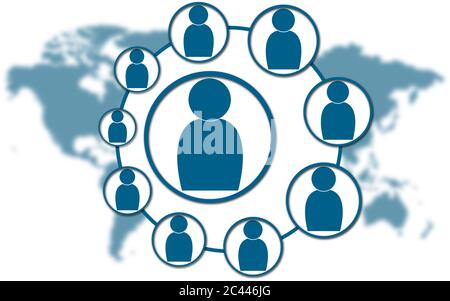 Social network on blue world map background, 3D rendering Stock Photo