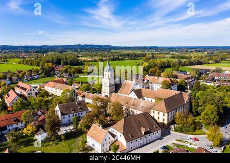 Germany, Bavaria, Polling, Helicopter view of Polling Abbey in spring Stock Photo