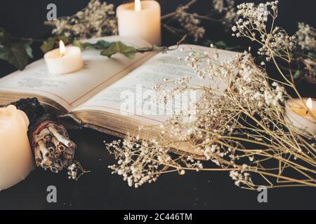 Close up of open vintage poetry book decorated with dried baby's breath flowers. Blurred background with white lit burning candles, plants, sage Stock Photo