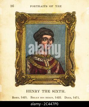 Portrait of King Henry the Sixth, Henry VI of England, born 1421, began reign 1422 and died 1471. In cap, fur-trim cape with gold chain, within ornate frame. Handcolored engraving by Cosmo Armstrong from Portraits and Characters of the Kings of England, from William the Conqueror to George the Third, John Harris, London, 1830. Stock Photo