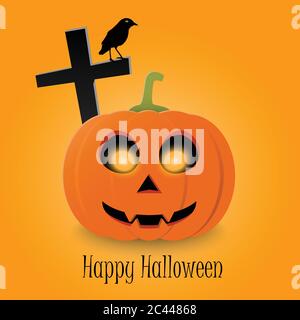 Happy Halloween typographic text and orange realistic pumpkin on vector background. Halloween party flyer design Stock Vector
