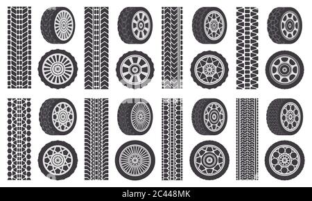 Car wheel tires. Track traces, automobile wheel rims, auto vehicle tread tracks. Rubber wheel tires isolated symbols illustration set Stock Vector