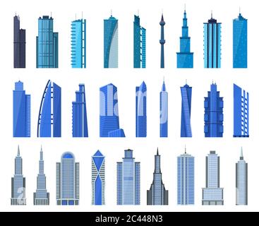 City buildings. Modern office building exterior, business city skyscrapers, architecture cityscape tall houses vector illustration icons set Stock Vector