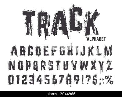 Tire tracks alphabet. Grunge texture treads letters and numbers, typography car wheel tire tracks lettering abc isolated vector symbols set Stock Vector