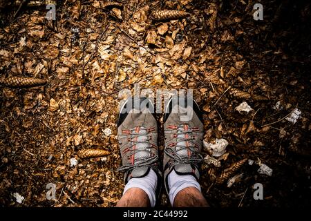 Feet of man wearing hiking boots standing on forest floor Stock Photo