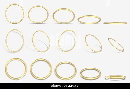 Realistic golden 3D ring. Gold decorative geometric round rings, 3d yellow gold metallic rings vector illustration icons set Stock Vector