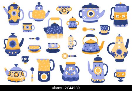 Cartoon kitchen teapot. Ceramic tea teapots and kettles, serving tableware, tea ceremony decorative elements vector illustration icons set Stock Vector