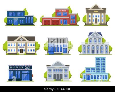 City street buildings. Public modern library, theater and museum, bank, police office exterior, hospital facade isolated vector illustration set Stock Vector