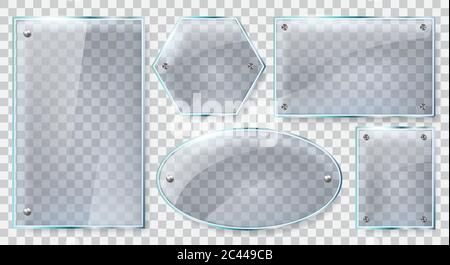 Realistic glass frames. Reflective glass plate, clear glass or plastic 3d banners, reflecting glass mockups isolated vector illustration set Stock Vector