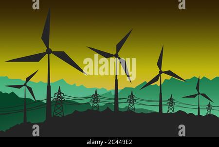 Silhouette of landscape view of wind power turbine, 3D rendering