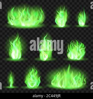 Realistic coloured fire. Green fiery blaze, magic game flaming flame, color burning spurts of flame vector illustration icons set Stock Vector