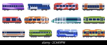 Subway passenger trains. High speed trains, metro ground, underground transport. Passenger transportation vehicles vector illustration icons set Stock Vector