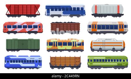 Trains transportation. Passenger and freight trains, steam train, goods high speed trains. Subway underground train vector illustration icons set Stock Vector