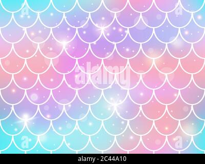 Mermaid scales pattern. Rainbow princess mermaid backdrop, magic sparkles underwater fishtail scales, kawaii mermaid vector background pattern Stock Vector