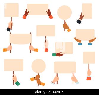 Placards in hands. Protest or manifestation banners, hands holding vote placards, peace protest empty sign posters vector illustration set Stock Vector