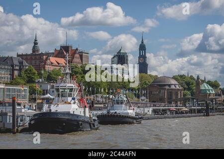Germany, Hamburg, Saint Pauli Piers with Saint Michaels Church in background Stock Photo