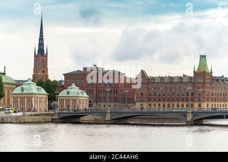 Sweden, Sodermanland, Stockholm, House of Nobility and arch bridge in front of Riddarholmen islet Stock Photo