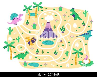Dinosaurs kids maze. Dino mom find eggs childrens game, cute doodle dino educational jurassic park maze puzzle game, isolated vector illustration Stock Vector