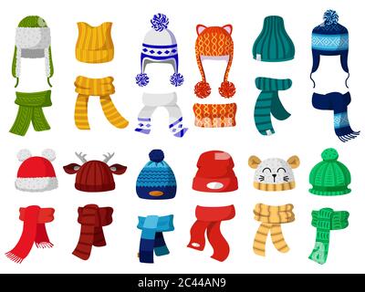 Winter hats. Kids knitting autumn headwear, hats and scarf, cold weather children accessories isolated vector illustration icons set Stock Vector
