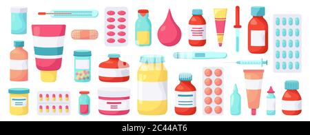 Pharmacy medications. Medicine drugs, pharmaceutical treatment, vitamins blister packs, medicine pills bottles vector illustration icons set Stock Vector
