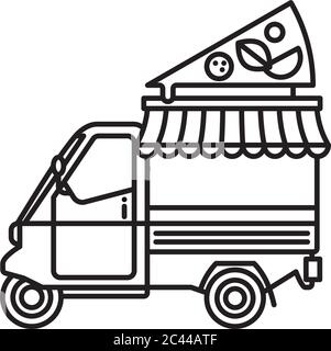 Small italian pizza food truck tricycle vector line icon. Take-away food outline symbol. Stock Vector