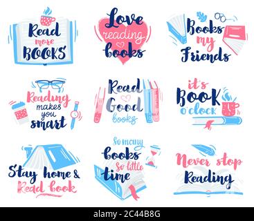 Books lettering quotes. Reading hand drawn lettering, motivation library reading phrases vector illustration icons set Stock Vector