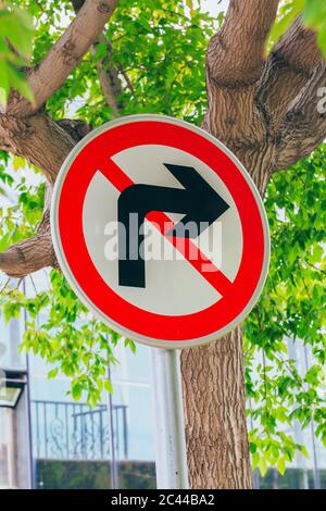 Green leaf with traffic sign sign prohibiting turning Stock Photo