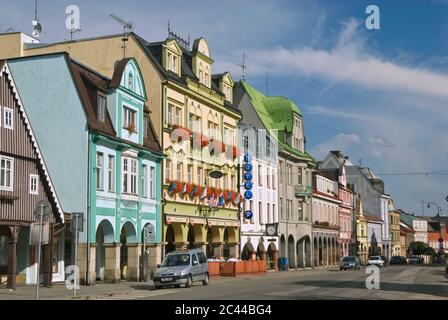 Houses at Masarykovo náměstí in Vrchlabí in Kralovehradecky kraj (Hradec Králové Region), Czech Republic Stock Photo
